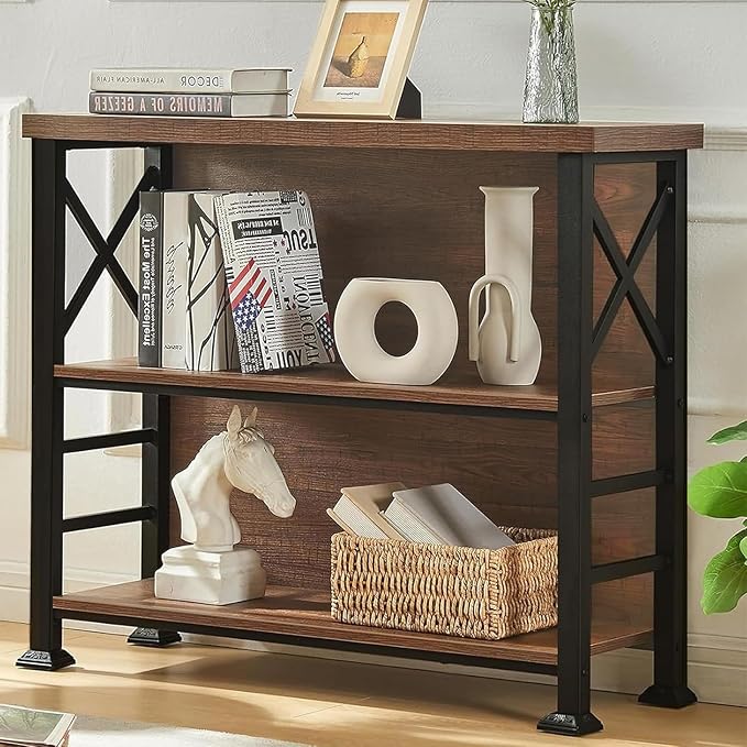HOMBAZAAR Book Shelf,3 Tier Small Bookshelf with Metal Frame and Backboard,Rustic Brown Deep Bookcase with Engineered Wood Shelves,Short Shelf Bookcase for Living Room,Bedroom and Office