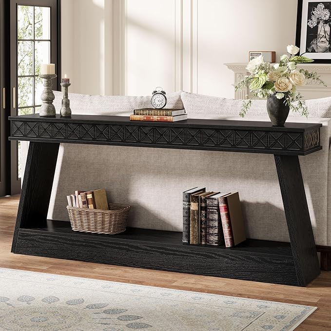 Tribesigns Modern Console Table, 71-Inch Extra Long Entryway Table with Storage, 2-Tier Narrow Sofa Table Behind Couch, Farmhouse Wooden Accent Table for Living Room, Hallway, Foyer, Black