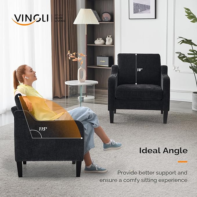 VINGLI Living Room Chairs Set of 2, Black Accent Chair 5.5" Thick Seat Cushion Comfy Chair Soft Chenille Side Chair Upholstered Arm Chair for Bedroom, Play Room, Apartment, Office (Black)