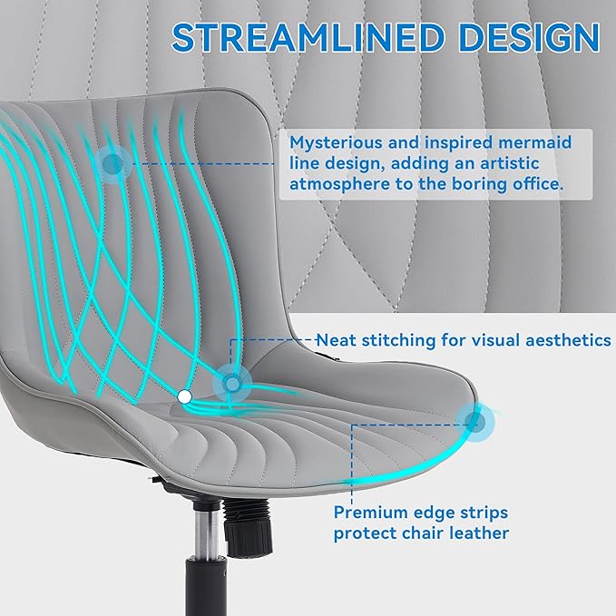 YOUNIKE Office Chair, Armless Desk Chair with Wheels, Adjustable Swivel Rolling Home Office Computer Task Chairs, Modern Faux Leather Upholstered Vanity Chair, Grey