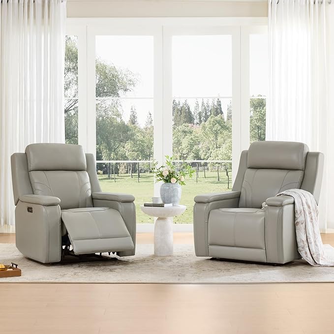 Watson & Whitely Genuine Leather Electric Recliner Chairs for Adults, Lay Flat Recliner with Power Headrest & Chargers for Living Room, Light Grey