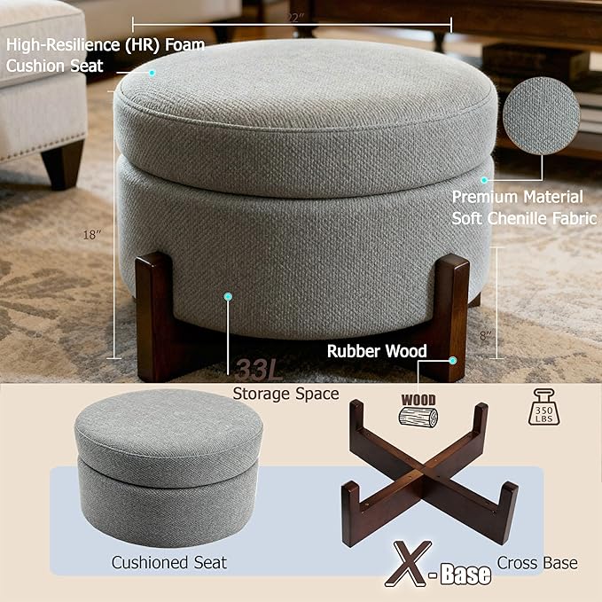 modscape 24-Inch Large Round Chenille Storage Ottoman Coffee Table Upholstered Velent Ottoman Table for Living Room Soft Tufted Circle Boucle Ottoman with Lift-Off Lid X-Base (Gray, 24in-X-Base)