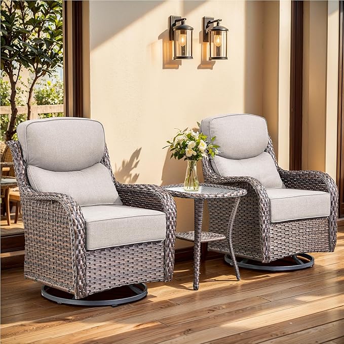 Luxury Outdoor Swivel Rocker Patio Chairs, High Back Swivel Patio Chairs with Side Table & 6-Inch Thick Cushions, Wicker Outdoor Bistro Set for Porch, Yard, Deck, Poolside, Brown/Beige