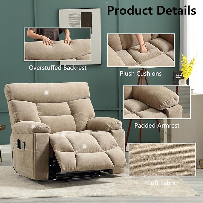 CANMOV Dual Motor Power Lift Recliner Chair for Elderly, 27" Extra-Wide Seat 450 lbs Weight Capacity Infinite Position Adjustment, with Heated Massage, Cup Holders and USB Port, Camel Fabric