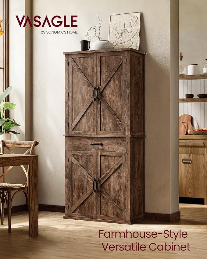 VASAGLE LIRY Collection - Pantry Cabinet, 70.3-Inch Tall Farmhouse Kitchen Storage Cabinet with Barn Doors, Drawer, Tray, Adjustable Shelves, for Kitchen, Dining Room, Hazelnut Brown UBBK364K01