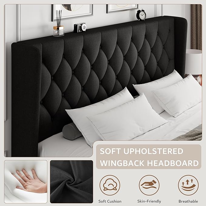 iPormis King Size Platform Bed Frame with Button Tufted Headboard, Upholstered Bed Frame with Solid Wooden Slats, 8" Underbed Space, No Box Spring Needed, Noise Free, Easy Assembly, Black