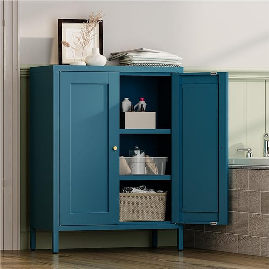 Metal Bathroom Storage Cabinet,Bathroom Floor Storage Cabinet with 2 Adjustable Shelves and 2 Doors,Freestanding Sideboard for Small Spaces, Living Room, Home Office, Dining Room