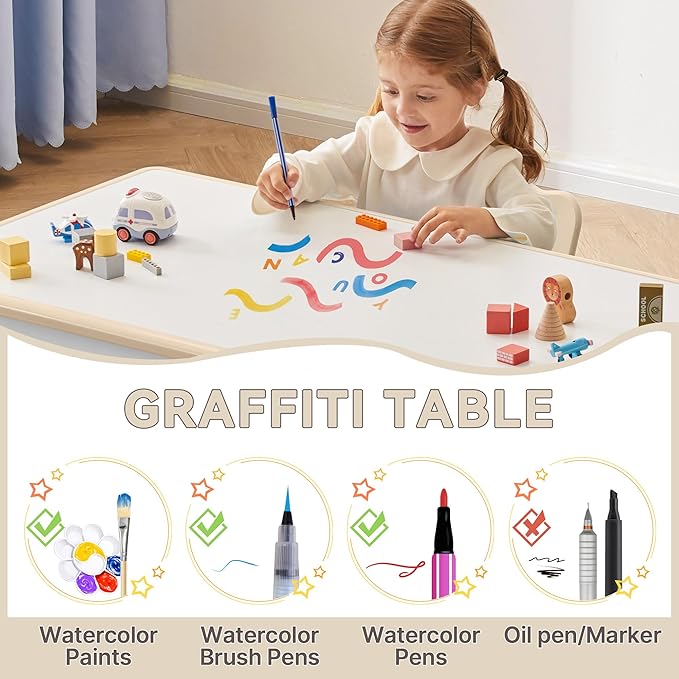 Kids Study Table and Chairs Set, Height Adjustable Toddler Table and Chair Set for Kids Ages 3-8, 31.5" L x 23.6" W Graffiti Desktop Plastic Children Art Table with 2 Seats
