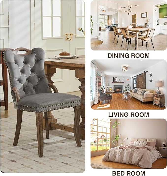 Velvet Dining Chairs Set of 4, Solid Wood Handles, Wooden Upholstered Dining Chair, Vintage Copper Nail Decoration, Mid Century Modern Kitchen Chair (Grey, Set of 4)