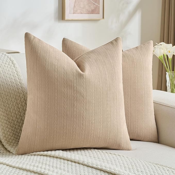 FUTEI Khaki Decorative Throw Pillow Covers 24x24 Inch Set of 2,Soft Cozy Wheat Ear Striped Patterns European Cushion Cases,Modern Home Decor for Couch Bed Living Room