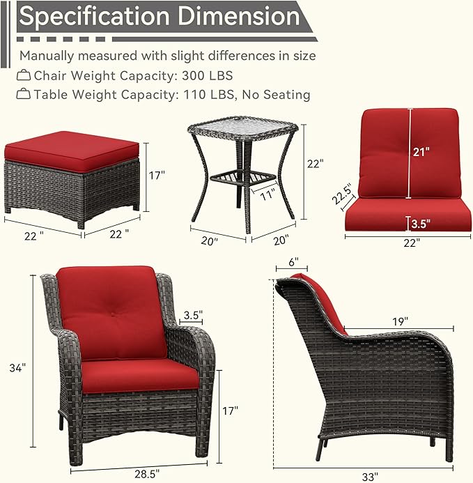 5 Pieces Patio Conversation Set, Wicker Chairs Set of 2 and Two Ottomans with 3.5-inch Seat Cushions, 1 Side Table High Back and Curved Armrest for Backyard, Balcony and Deck, Red
