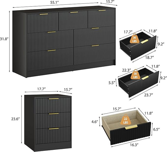3-Piece Modern Bedroom Furniture Set, Wide 7-Drawer Dresser & 3-Drawer Nightstands Set of 2, Natural Wood Dresser and Nightstand Sets for Bedroom, Hallway, Black
