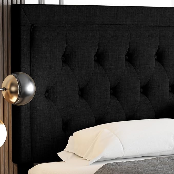 Allewie Full Size Upholstered Platform Bed Frame with Adjustable Headboard, Button Tufted, Wood Slat Support, Easy Assembly, Black
