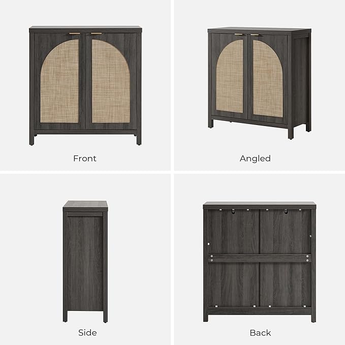 SICOTAS 102"W Rattan Sideboard Buffet Cabinet Set of 3, Modern Credenza Storage Cabinet with Arch Doors & Shelves, Boho Coffee Bar Media Console Cabinets for Kitchen, Living Room, Entryway, Black Oak