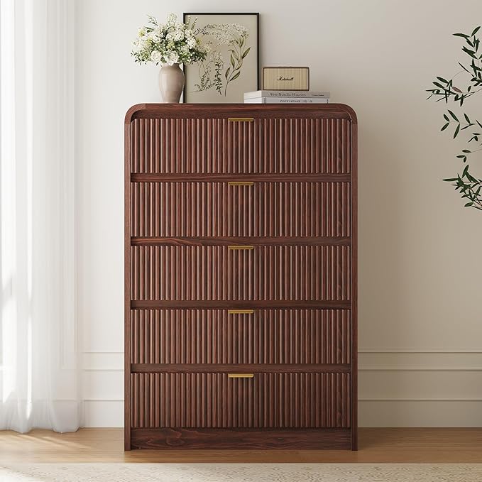 FURSUN Fluted 5 Drawers Dresser for Bedroom, 48" Tall Wooden Modern Dresser with Metal Handle, Curved Profile Design, Storage Organizer for Living Room, Hallway(Dark Walnut)