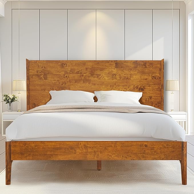 Acacia Haven King Wooden Bed Frame, 100% Solid Wood Platform Bed with Headboard, All Mattress Support & No Box Spring Needed, Effortless Assembly, 800 lbs Capacity, Caramel.