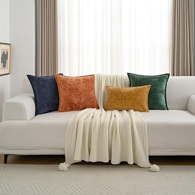 FUTEI Beige Chenille Throw Pillow Covers 18x18 Inch Set of 2,Soft Cozy Bound Edge Design Cushion Case,Home Decor for Couch Bed Living Room