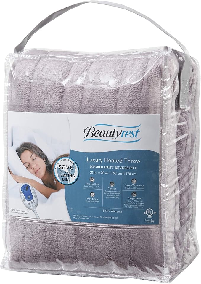 Beautyrest Heated Electric Blanket for Cold Weather, Fast Heating Heated Blanket, Auto Shut Off, Virtually Zero EMF, Multi Heat Setting, UL Certified, Lavender Throw (60 inx70 in)
