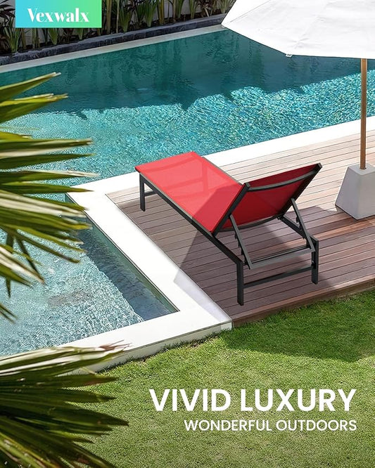 Outdoor Lounge Chairs Set of 2 for Pool, Aluminum Chaise Lounge Chairs with 5-Position Recliner, Patio Lounge Chair for Backyard, Poolside, Deck, Lawn, Red