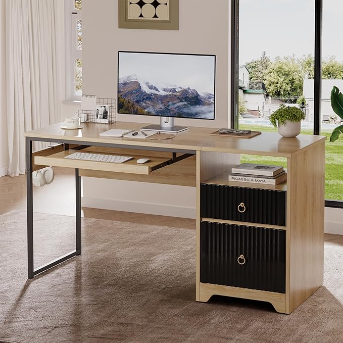 Bestier 55 Inch Computer Desk with Keyboard Tray, Modern Office Desk with Storage, Wood Writing Desk with File Drawer, Fluted Panel & 2 Hooks for Home Office & Studio, Natural Oak