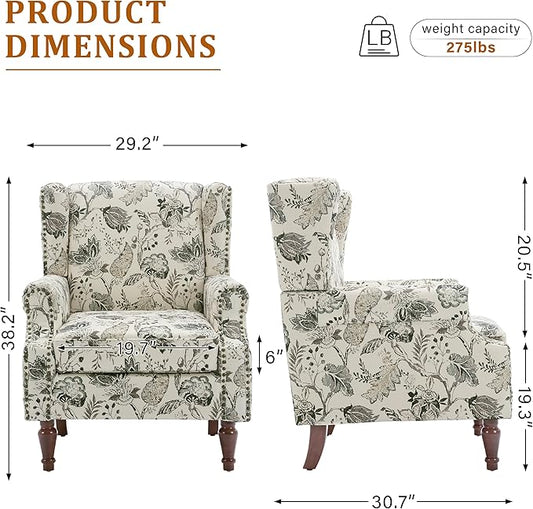 Floral Wingback Accent Chair, High Back Upholstered Armchair, Comfy Fabric Wingback Arms Chairs with Retro Solid Wood Legs, Single Sofa Reading Chair for Bedroom Living Room, Plants Beige