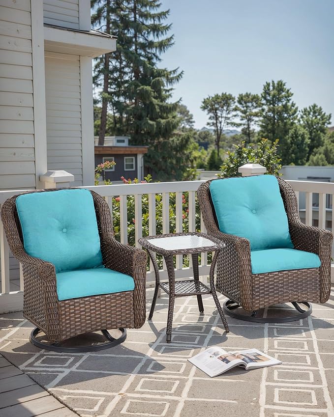 Patio Chairs Outdoor Swivel Glider - Set of 2 High Back Outside Brown Wicker Rattan Rocking Chair with Thick Cushion for Porch Apartment Deck Yard Poolside Garden - Turqoise