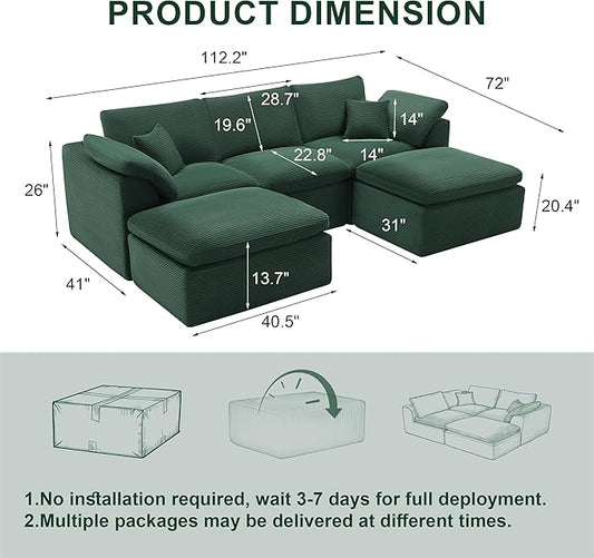 112" Cloud Sectional Couch, Boneless Couches for Living Room, U Shaped Couch with Convertible Ottoman, Modular Sectional Sofa with Deep Seat, Comfy Soft Cushions, No Assembly, Green