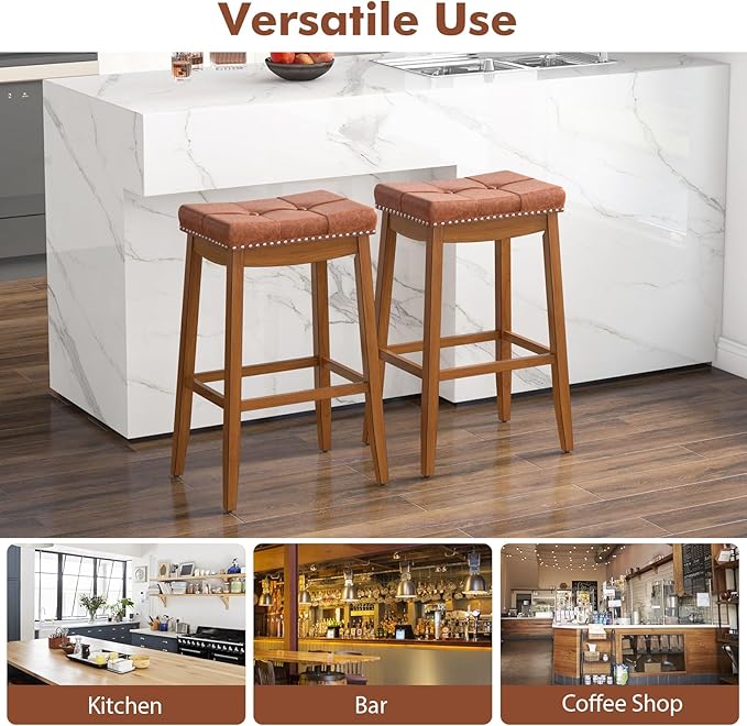 COSTWAY Saddle Bar Stools Set of 4, 29-Inch Bar Height Barstools w/PU Leather Seat, Solid Rubber Wood Frame, Footrest, Mid-Century Backless Bar Stools for Kitchen Island Home Bar