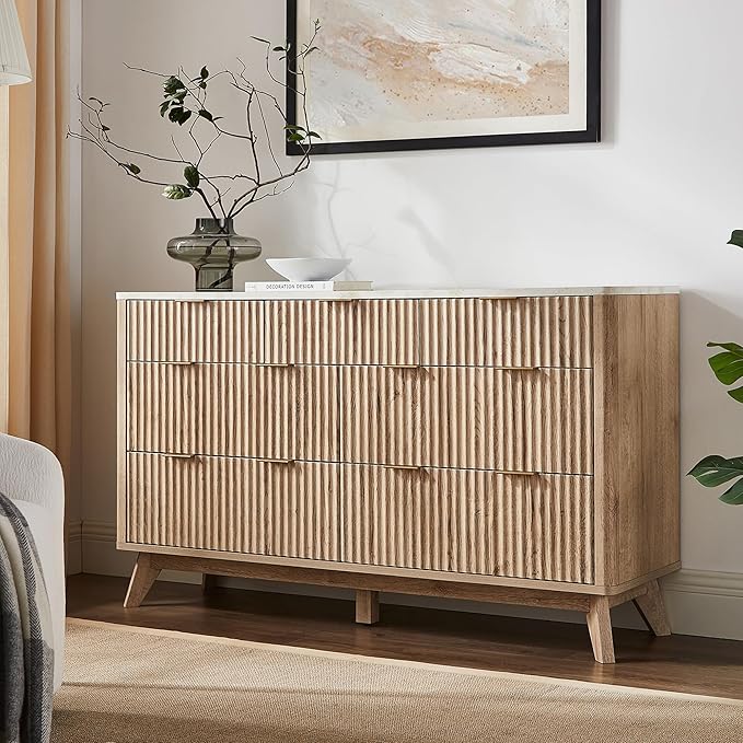 T4TREAM Fluted 7 Drawers Dresser, 54" Wide Modern Chest of Drawers with Faux Marble Top, Curved Profile Design, Dresser TV Stand, Wood Drawer Organizer for Bedroom, Living Room, Hallway, Natural Oak