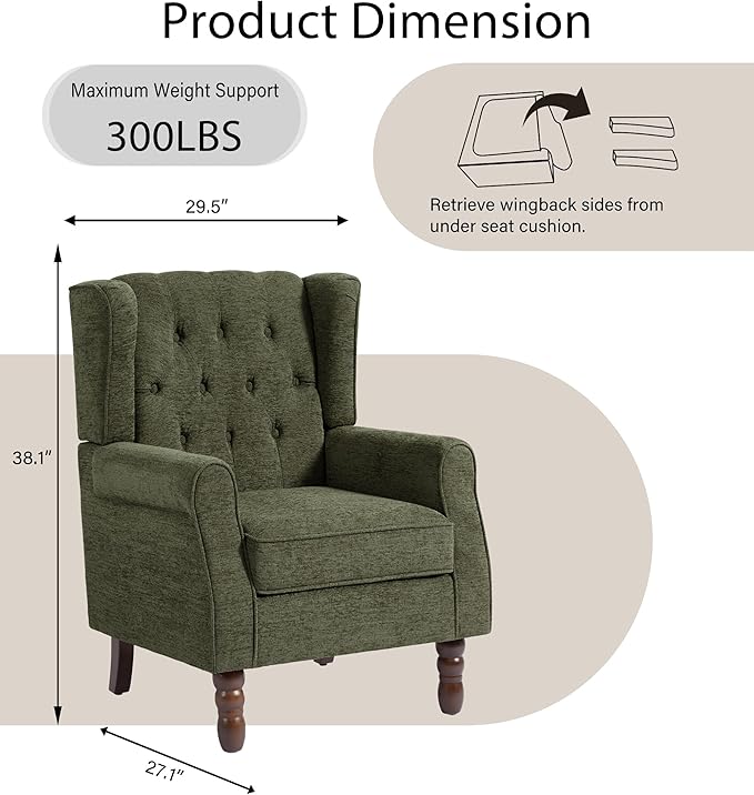 Lumibee High Back Accent Chair,Upholstered Wingback Armchair with Solid Wood Legs for Small Spaces,Comfy Single Sofa Chair for Living Room,Bedroom,Office-Green