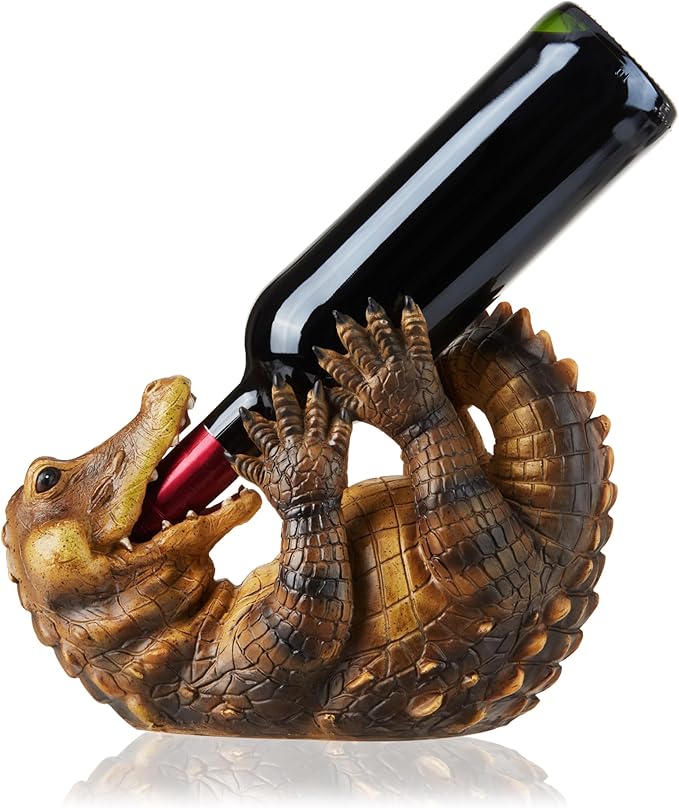 TRUE Amazing Alligator Polyresin Wine Stand Bottle Holder, Brown, Holds 1 Bottle, Tabletop Mount