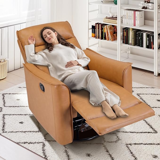 Swivel Rocker Recliner Set of 2, Glider Rocking Chair, Nursing Chairs Swivel Glider Recliners with Soft Backrest, Leathaire Manual Reclining Sofa for Living Room Bedroom Apartment, Camel