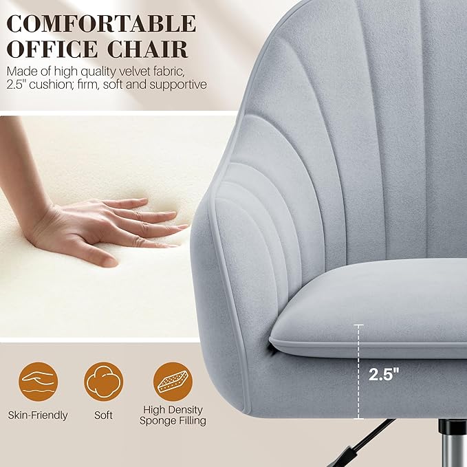 Comfy Home Office Desk Chairs Vanity Chair with Wheels Adjustable Modern Velvet Makeup Vanity Chairs for Bedroom Living Room(Grey)