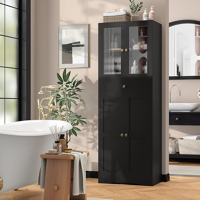 Space-Saving 67 Inch Bathroom Linen Cabinet,Freestanding Tall Storage Tower with Adjustable Shelves & Glass Doors for Bathroom, Kitchen, Hallway Organization (Black)