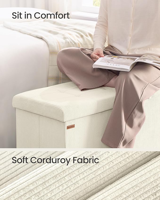 SONGMICS MAZIE Collection - Storage Ottoman Bench, Foldable Foot Rest, 15 x 43 x 15 Inches, End of Bed Bench, Storage Chest, Load 660 lb, Living Room, Bedroom, Entryway, Cream White ULSF604W01
