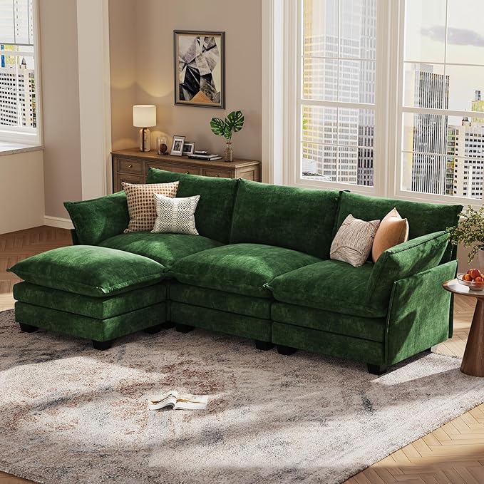 KKL 91.3" Modular Sectional Sofa, L-Shaped 4 Seater Cloud Couch with Ottoman, Chenille Modern Sectional Couches for Living Room, Apartment, Green