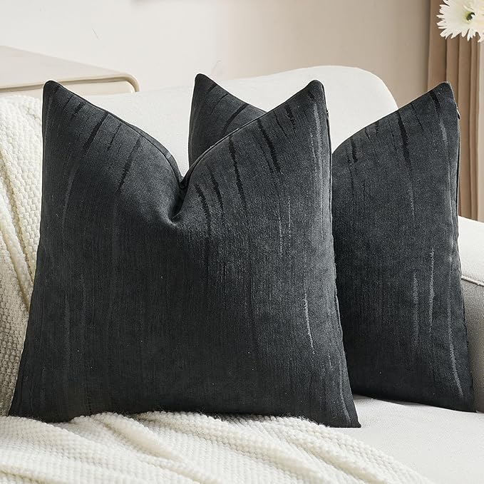 FUTEI Black Chenille Decorative Throw Pillow Covers 18x18 Inch Set of 2,Soft Embossed Striped Textured Cushion Case,Modern Home Decor for Couch Bed Living Room