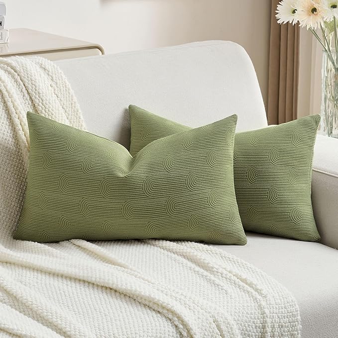 FUTEI Moss Green Chenille Decorative Throw Pillow Covers 12x20 Inch Set of 2,Soft Cozy Striped Geometric Patterns Lumbar Pillow Cases,Modern Home Decor for Couch Bed Living Room