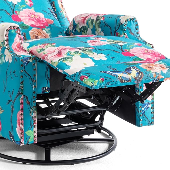 UIXE Swivel Rocker Manual Recliner Chair, Wingback Swivel Glider Fabric Nursery Reclining Sofa Chair, High Back Upholstered Arm Chair for Living Room Bedroom - Peacock Blue