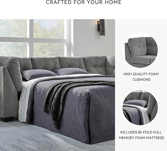 Signature Design by Ashley Marleton Contemporary Right-Arm Facing Tufted 2-Piece Sleeper Sectional with Chaise, Loose Seat Cushions and Bi-Fold Memory Foam Mattress, Full, Light Gray