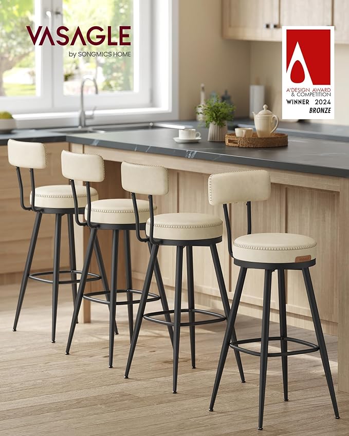 VASAGLE EKHO Collection - Bar Stools Set of 2, Swivel Counter Height Bar Stools with Back, Synthetic Leather with Stitching, Mid-Century Modern, 25.6-Inch Tall Barstools for Kitchen Bar, Cream White