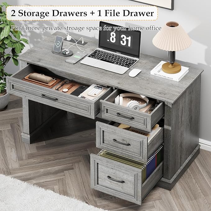 Farmhouse 47" Executive Desk, Computer Desk with Drawers and File Drawer, Workstation Computer Desk with Charging Station for Home Office,Study,(Grey)