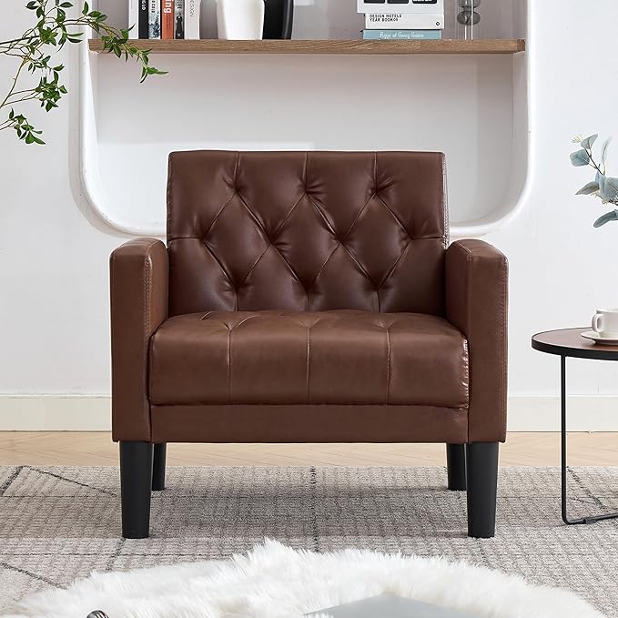 TYBOATLE Accent Chair Comfy Living Room Chair Leather Tufted Mid Century Modern Accent Chair, Small Cozy Reading Arm Chair for Office, Bedroom (1, Brown)