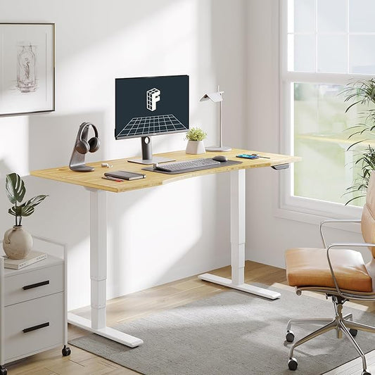 FLEXISPOT E6 MAX Bamboo Dual Motor 48x24 Inch 3-Stage Heavy Duty Standing Desk, 330lbs Weight Capacity, Height Adjustable Desk w/Cable Management & Wheels (Solid Bamboo Curved Desktop + White Frame)