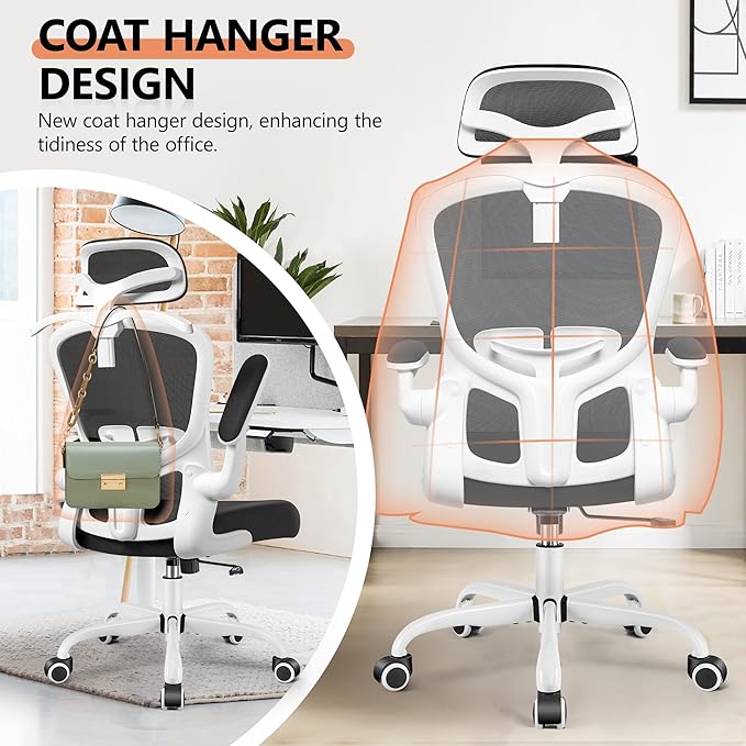 FelixKing Office Chair with Headrest, Ergonomic Desk Chair with Wheels, Task Swivel Comfy Chair with Adjustable Lumbar Support, Breathable Mesh Computer Chair with flip-up Armrests for Home (White)