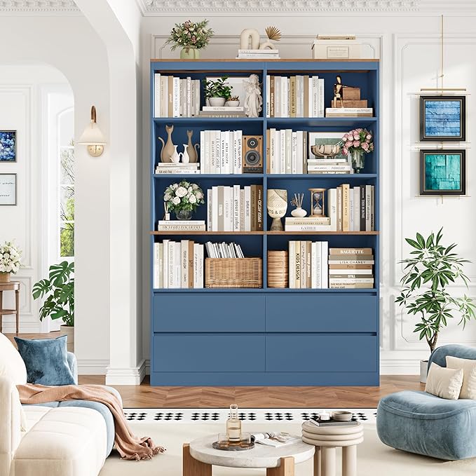 FINETONES 71" Bookshelf with Drawers, 47.3" Double Wide Bookshelves and Bookcases with Storage, Tall Bookshelf Large Open Book Shelf Standing Book Case for Home Office, Blue