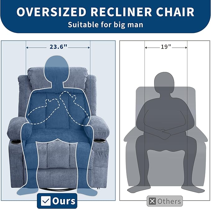 Rocker Recliner Chair with Heat and Massage, 360° Swivel Oversized Recliner for Adults, Single Sofa Seat with 3 Positions, 2 Side Pockets, Cup Holders, and USB Ports, Lazy Boy Recliner (Large, Blue)
