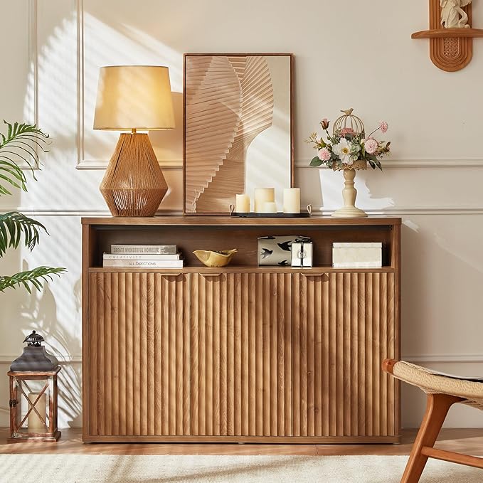 LEYAOYAO Fluted Buffet Cabinet with Storage, 45" Wide Modern Sideboard Credenza with 3 Doors & Open Storage Shelf, Wood Kitchen Console Accent Cabinets, Coffee Bar Table for Dining Room, Tea Brown