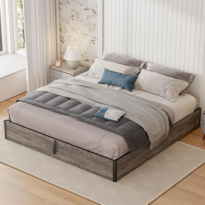 Lift Up Storage Bed Frame, King Size Wooden Platform Bed with Large Storage Underneath, No Box Spring Needed, Noise Free, Rustic Grey