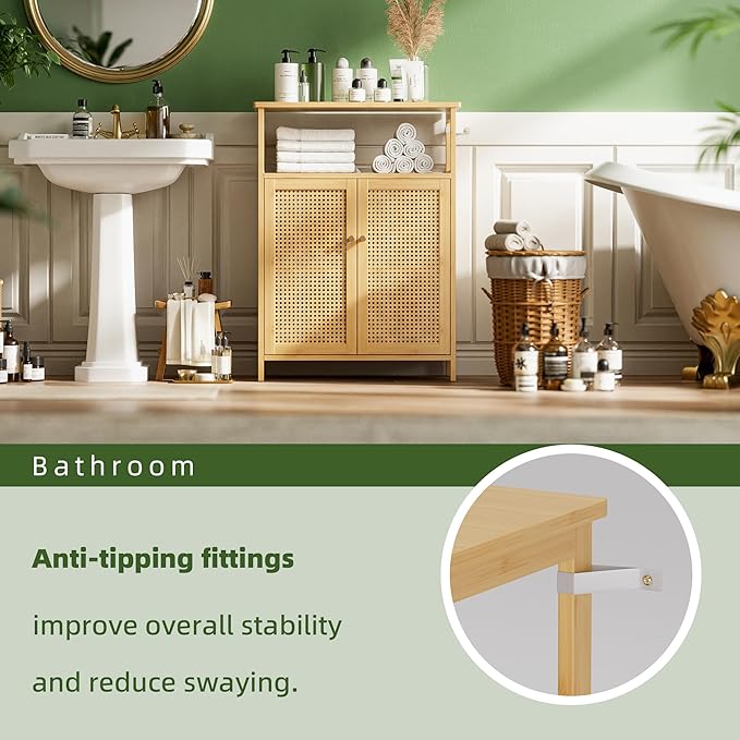 Bathroom Floor Stand Cabinet, Bamboo Storage Organizer Table with 2 Rattan Doors and 1 Shelf, Wooden Side Cupboard for Hallway, Laundry, Kitchen, Living Room (Natural)
